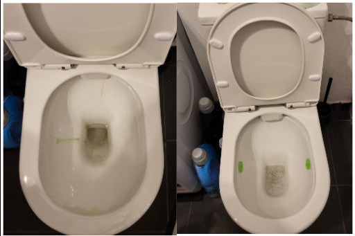 Porównanie toalety przed i po czyszczeniu, widoczne ślady zabrudzeń w pierwszej misce i czysta powierzchnia w drugiej, z otwartymi klapami.