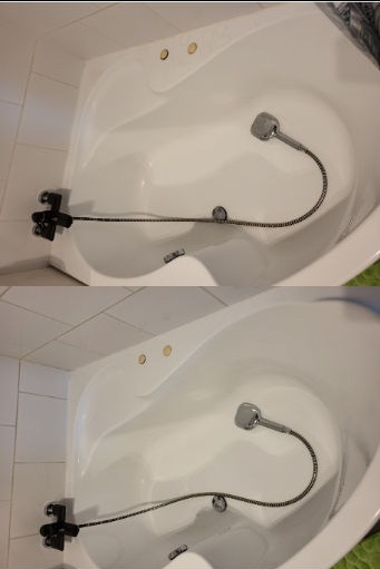 Wanna narożna z hydromasażem, po czyszczeniu, widoczna armatura i dysze.