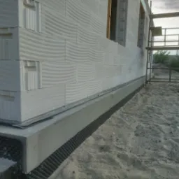 Wznoszenie ścian domu z bloczków betonu komórkowego Ytong, widoczna warstwa izolacji fundamentów z folii kubełkowej, rusztowanie przy ścianie, piaszczyste podłoże.