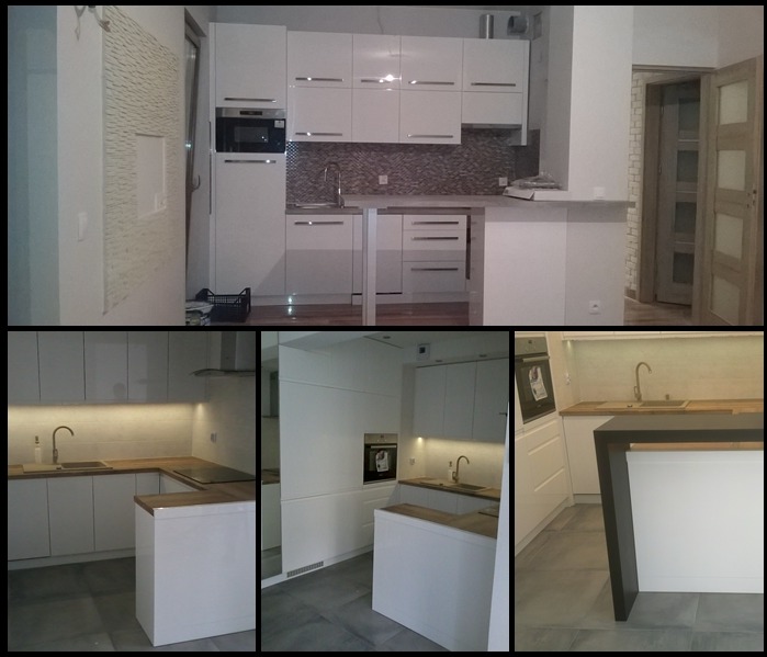 Nowoczesna, biała kuchnia na wymiar z drewnianym blatem, oświetleniem LED pod szafkami i mozaiką nad blatem, widok z różnych perspektyw.