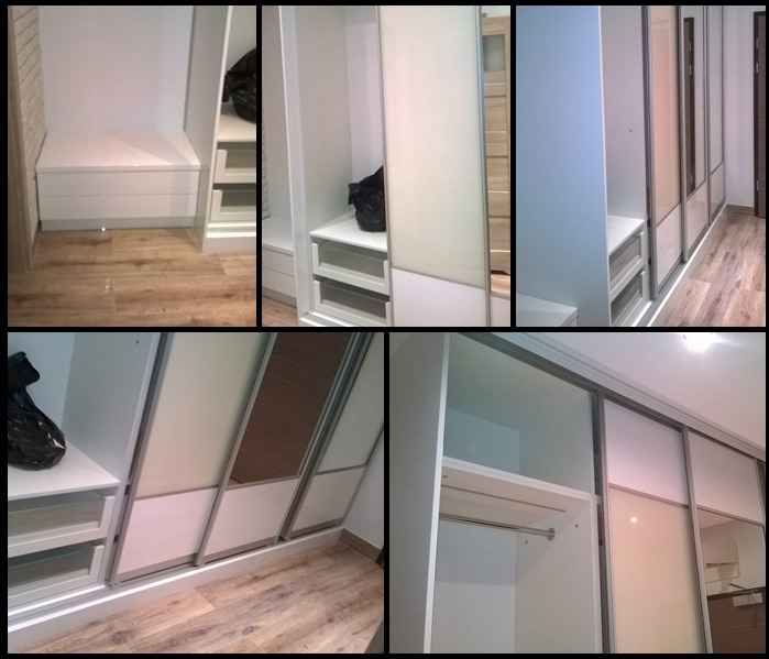 Kompozycja zdjęć przedstawiająca wnętrze szafy wnękowej z przesuwnymi drzwiami w różnych konfiguracjach: półki, szuflady, drążek na ubrania, wykończona w bieli i odcieniach brązu, z podłogą...