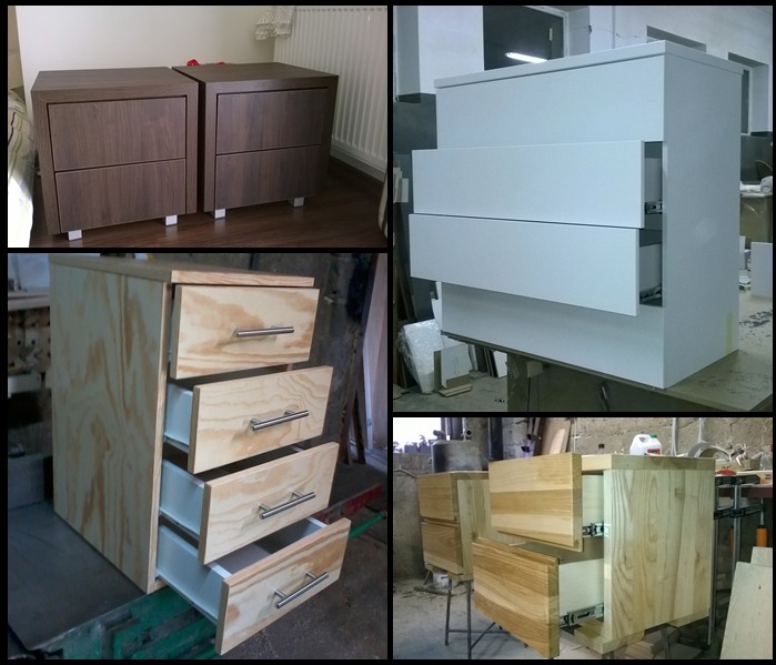 Kompozycja z czterech ujęć komód: dwie szafki nocne z ciemnego drewna na tle grzejnika, biała komoda z trzema wysuniętymi szufladami, surowa komoda z czterema szufladami w trakcie montażu,...