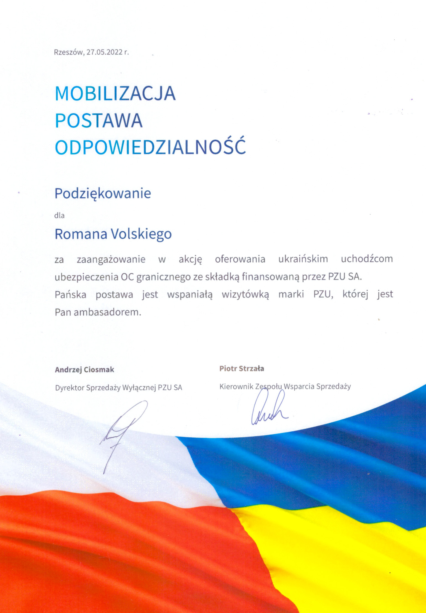 Podziękowanie za akcję pomocy dla obywateli Ukrainy