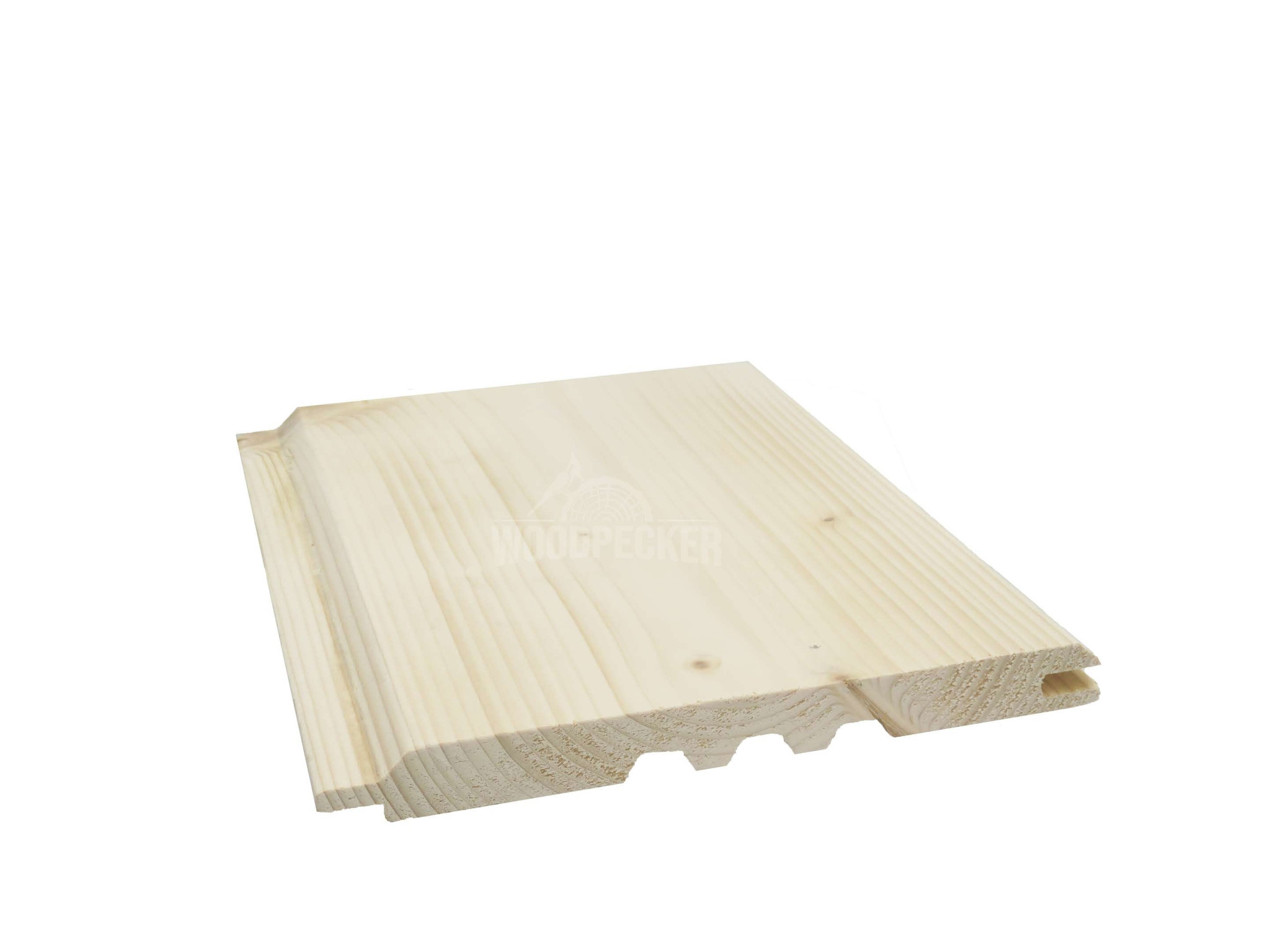 Profilowana deska z jasnego drewna z widocznym frezem i pióro-wpustem na krawędzi, prezentowana na białym tle.