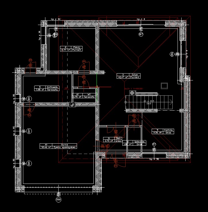 Techniczny rzut poziomy parteru domu jednorodzinnego z opisem pomieszczeń: kotłownia, garaż, WC, salon, kuchnia, pokój, schody. Widoczne oznaczenia materiałów wykończeniowych: terakota, żywica...
