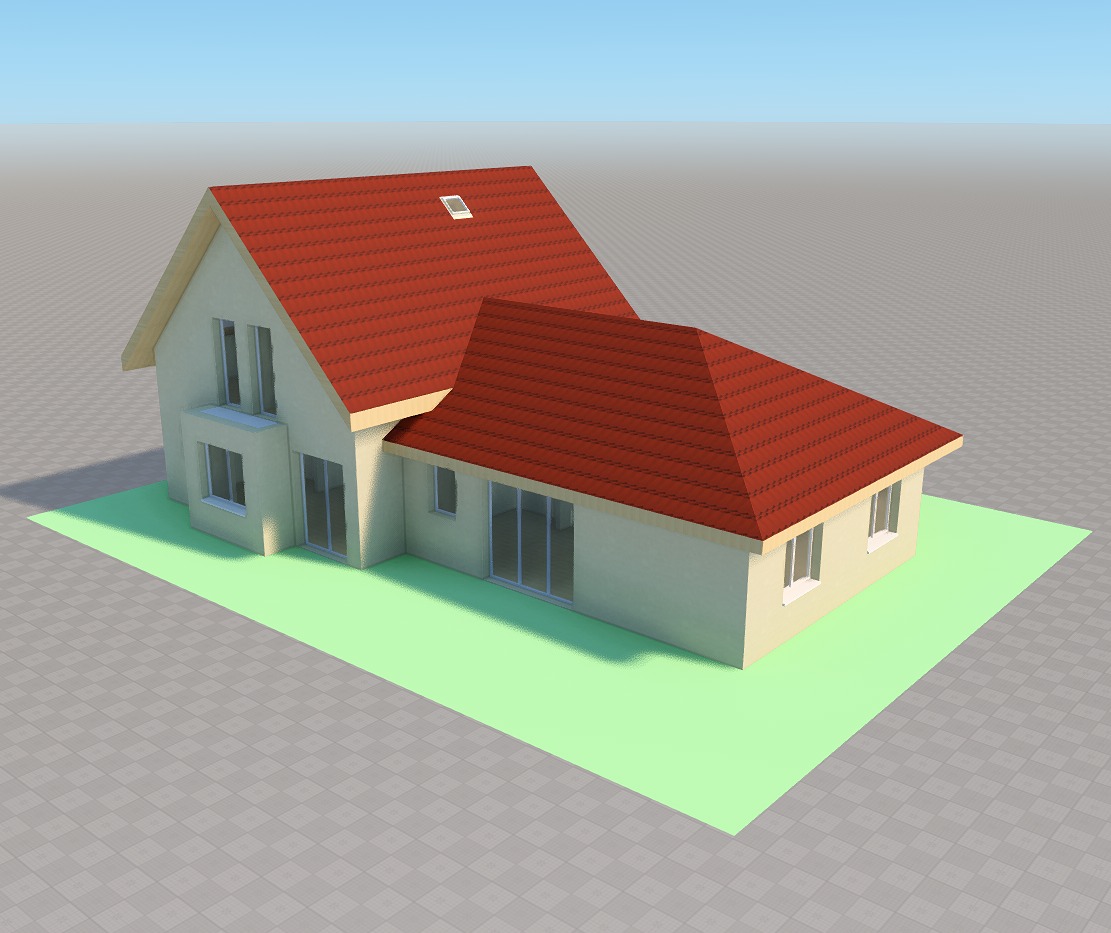 Wizualizacja 3D domu jednorodzinnego z czerwonym dachem i jasną elewacją, widok z góry na tle szarej powierzchni.