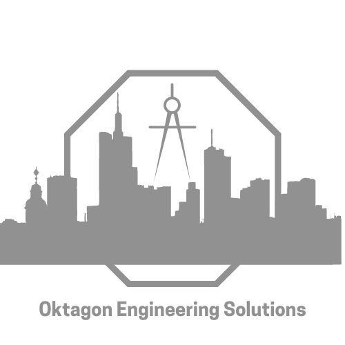 Szare logo firmy Oktagon Engineering Solutions przedstawiające panoramę miasta z kompasem wewnątrz ośmiokątnej ramki.