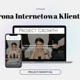 Prezentacja responsywnej strony internetowej 'Project Growth' na laptopie i smartfonie, wyświetlająca nagłówek z pytaniem o niską produktywność i zmęczonych pracowników, z adresem strony w stopce.
