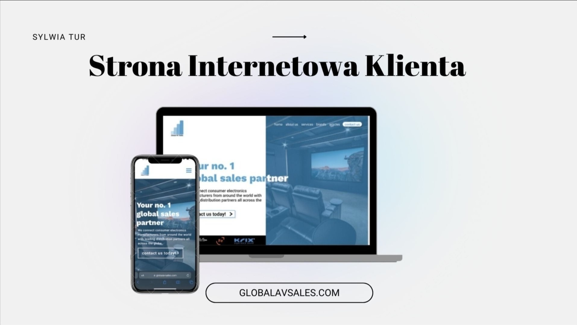 Prezentacja responsywnej strony internetowej na laptopie i smartfonie, z logo firmy w lewym górnym rogu, wyświetlająca treść o globalnym partnerstwie handlowym w branży elektroniki konsumenckiej.