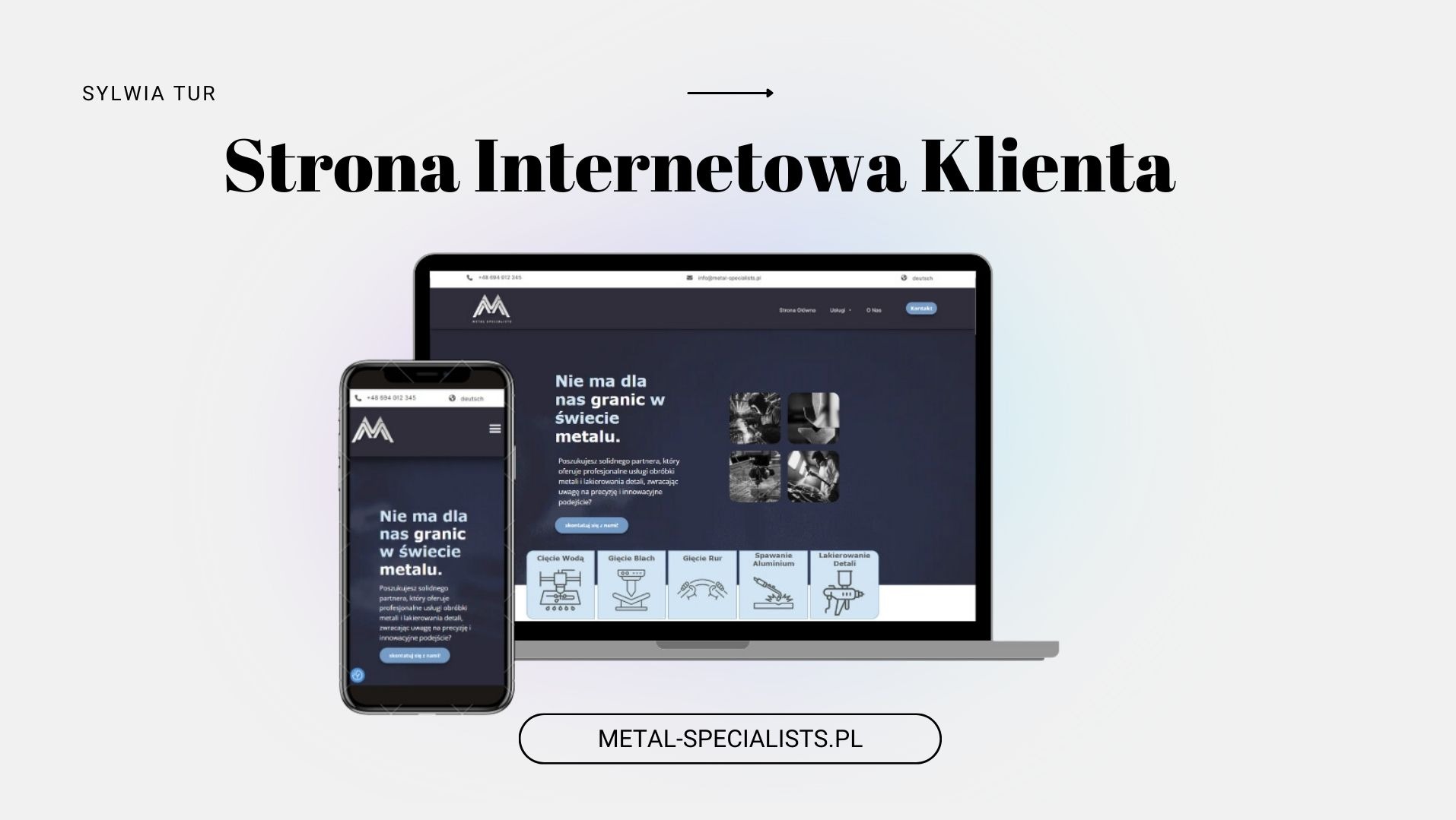 Prezentacja responsywnej strony internetowej metal-specialists.pl na laptopie i smartfonie, z ciemnym motywem i logo firmy w lewym górnym rogu.