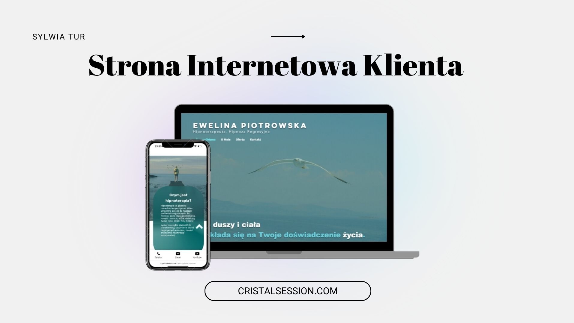 Prezentacja responsywnej strony internetowej na laptopie i smartfonie, ukazująca minimalistyczny design z motywem morskim i mewą w locie, dedykowana hipnoterapeutce Ewelinie Piotrowskiej,...
