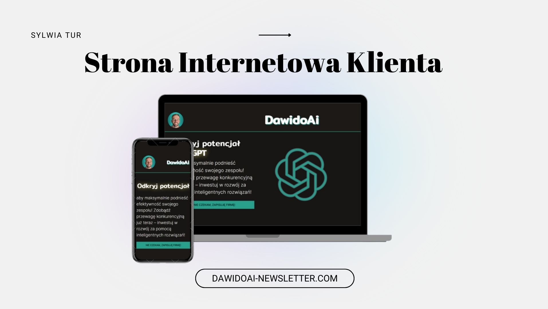 Wyświetlacz laptopa i smartfona prezentujące stronę internetową DawidoAi z motywem GPT, logo firmy oraz wezwaniem do działania.