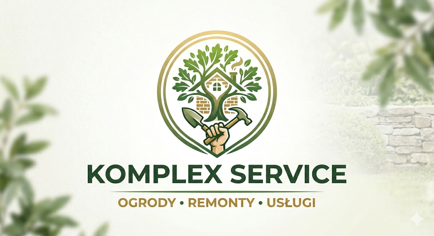 Logo firmy KompleX Service: drzewo-dom w okręgu, dłoń trzyma łopatę i młotek. Napis: Ogrody, Remonty, Usługi. Stonowana kolorystyka, delikatne tło z zielenią.