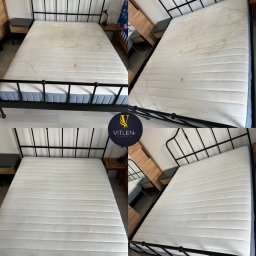 VitLen- Clean Olena Cherkashyna - Kolaż: materac na czarnej ramie łóżka przed i po czyszczeniu, z widocznymi plamami przed i czystą powierzchnią po zabiegu. Ujęcie z góry.