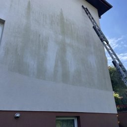VitLen- Clean Olena Cherkashyna - Ściana budynku z widocznymi śladami zabrudzeń i częściowo umytą powierzchnią, z drabiną opartą o ścianę. Widoczne okna i fragment dachu.