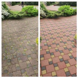 VitLen- Clean Olena Cherkashyna - Efekt mycia kostki brukowej: po lewej stronie kostka zabrudzona, porośnięta mchem, po prawej czysta, z odzyskanym kolorem. Widok z góry, otoczenie zieleni.