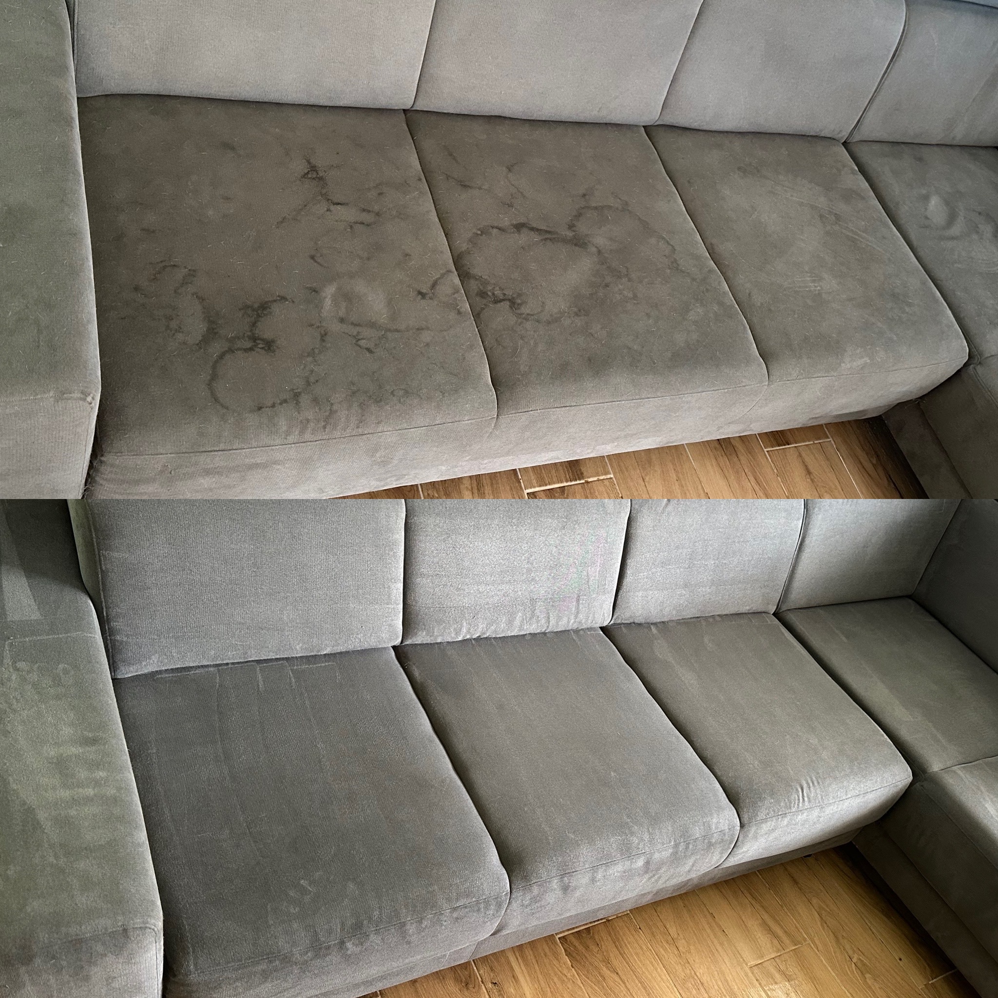 Szara, modułowa kanapa narożna, ujęcie przed i po czyszczeniu, widoczne plamy i różnica w odcieniu materiału po zabiegu.