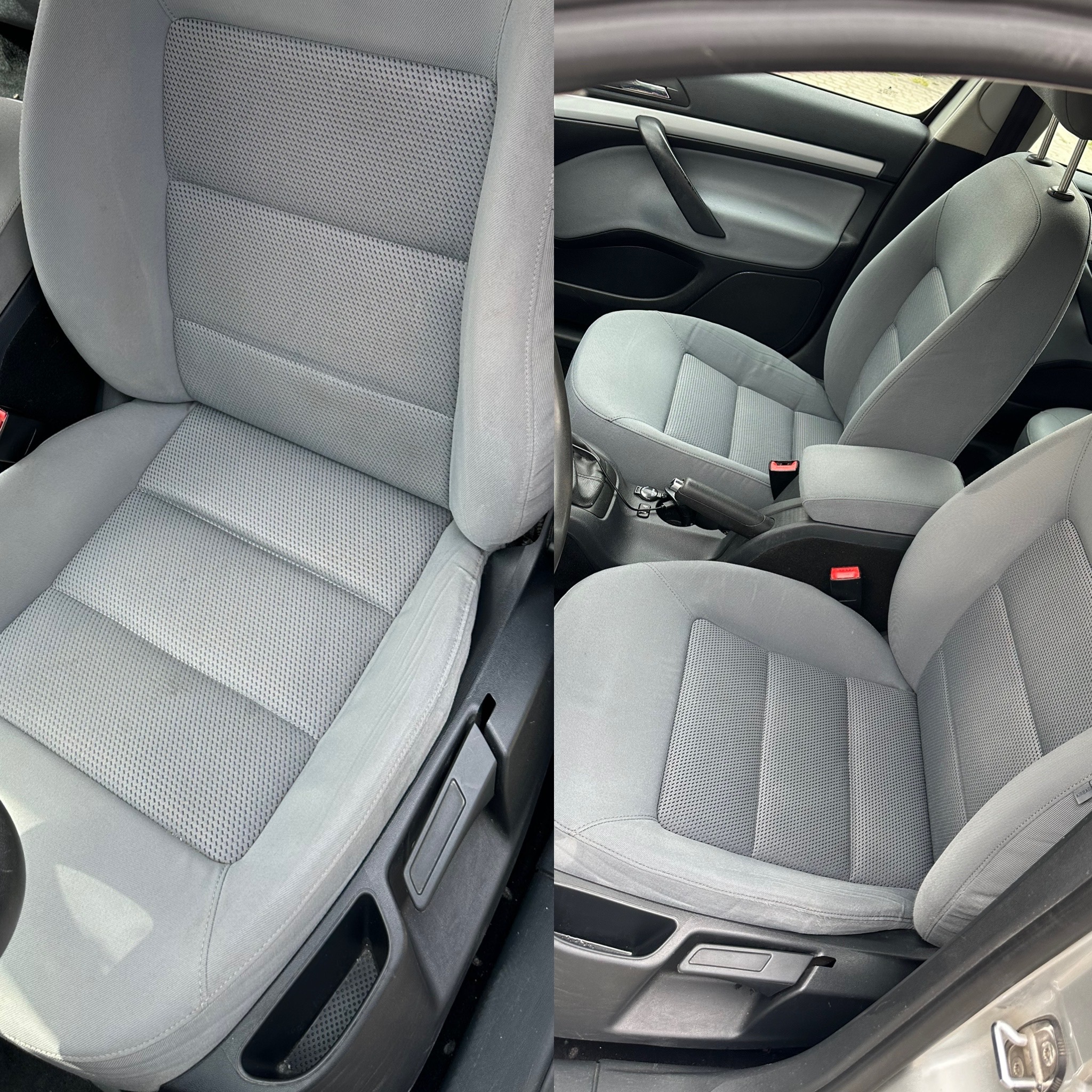 Szare fotele samochodowe z tkaniny o drobnej fakturze, widoczne detale regulacji i podłokietnik