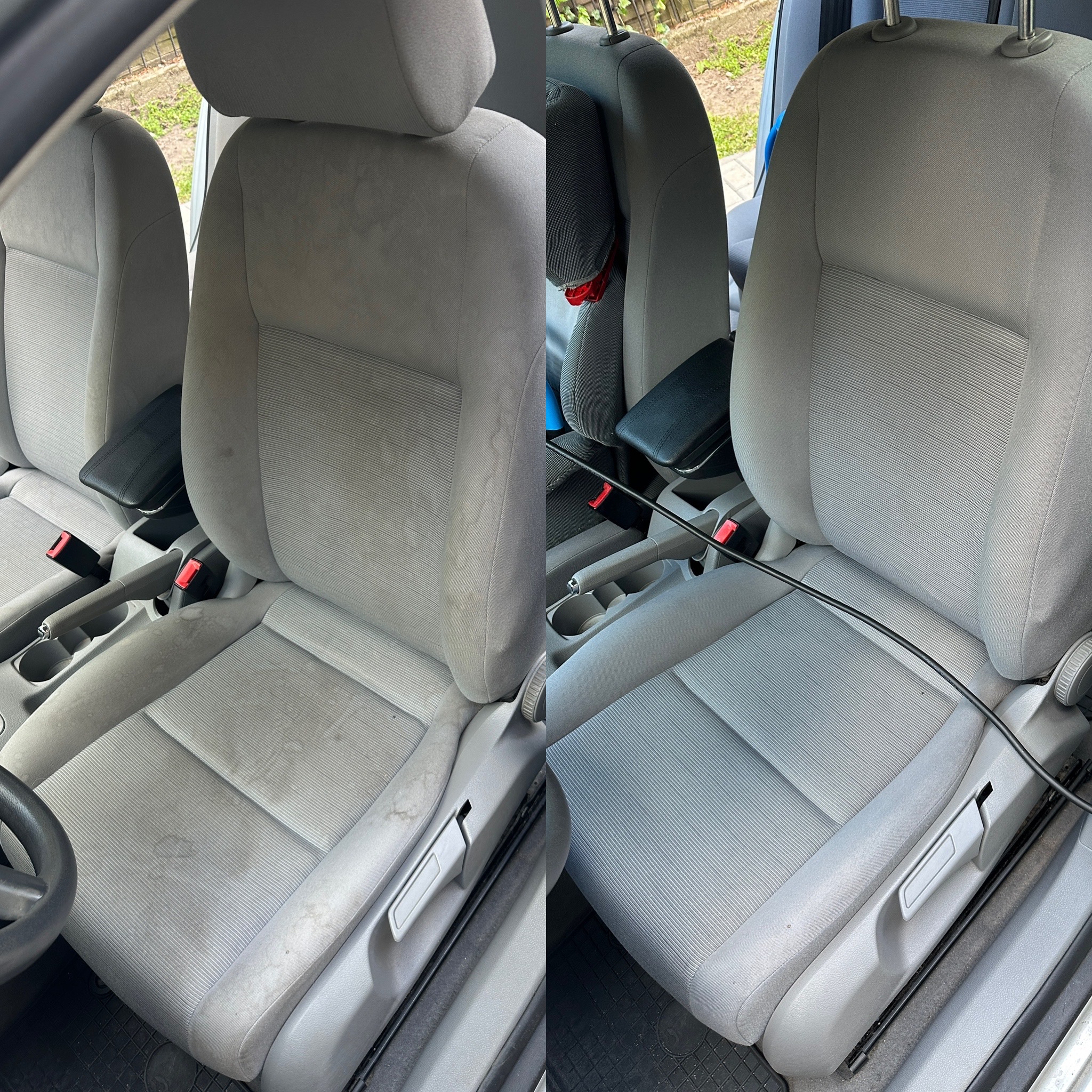 Fotel samochodowy, tapicerka szara, strona lewa przed czyszczeniem, widoczne plamy i zabrudzenia, strona prawa po czyszczeniu, odświeżona i czysta.