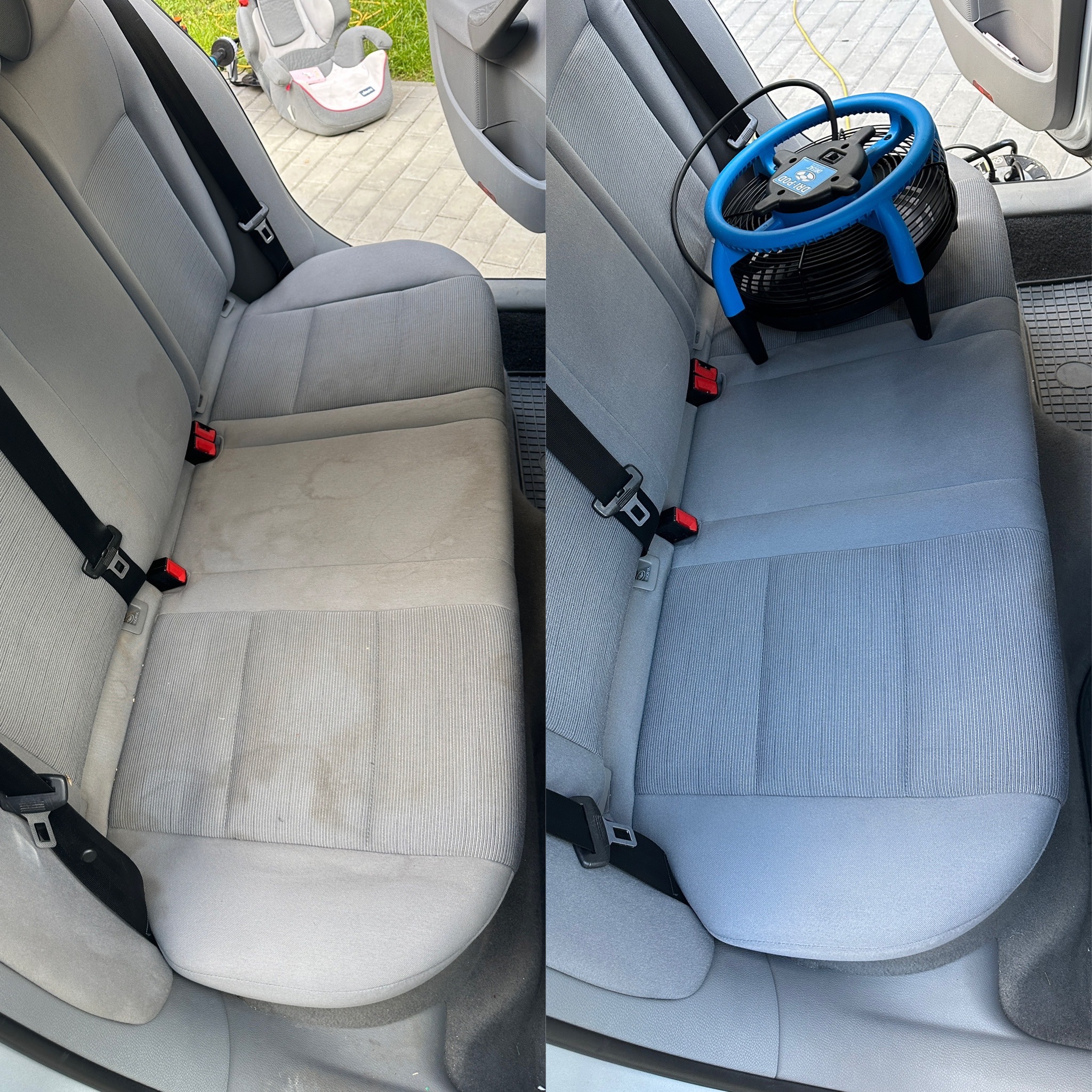 Efekt prania tapicerki samochodowej: fotel przed i po czyszczeniu, z użyciem wentylatora do suszenia. Widoczne pasy bezpieczeństwa i fotelik dziecięcy w tle.
