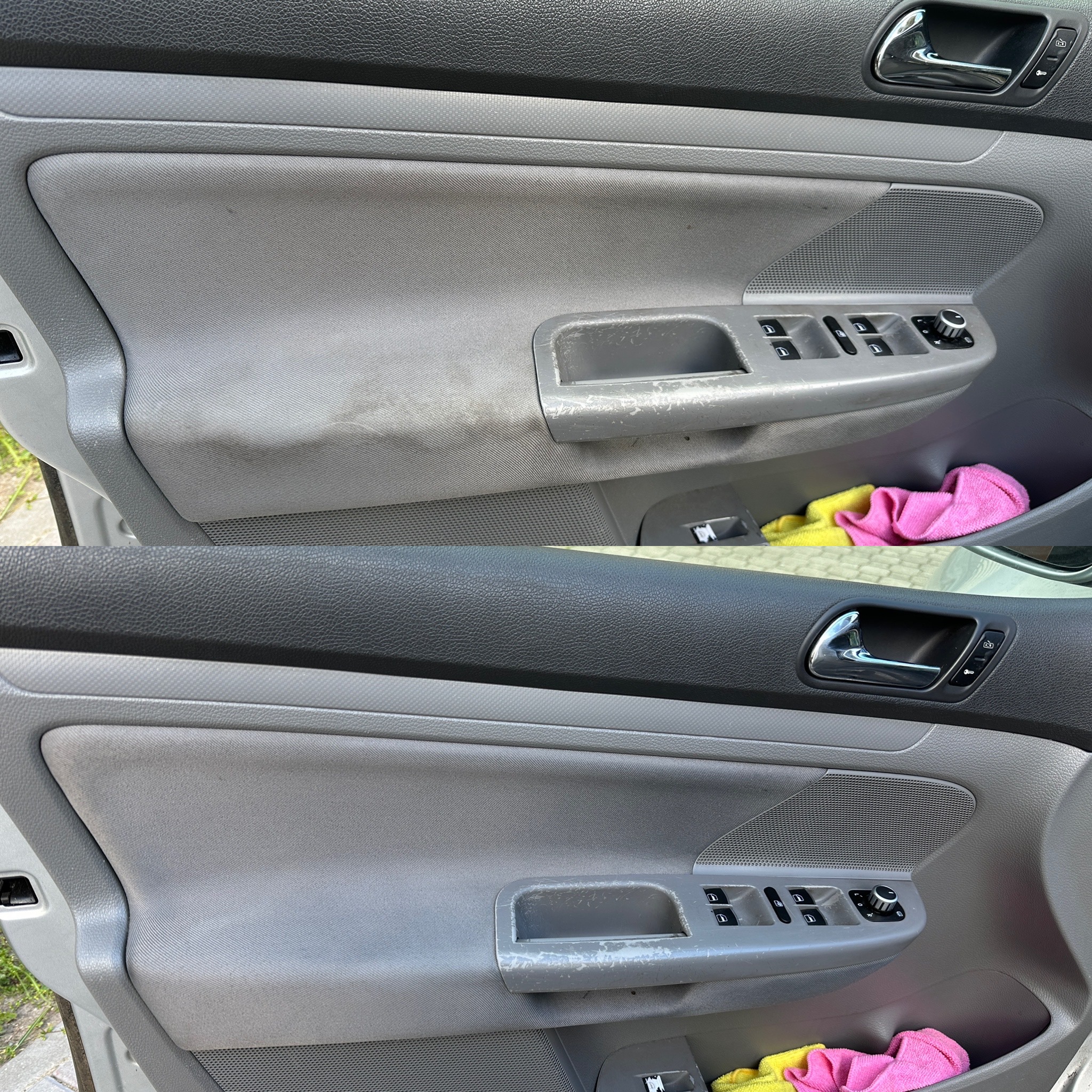 Tapicerka drzwi auta: widok przed i po czyszczeniu. Górna część zabrudzona, dolna wyraźnie czysta. W schowku widoczne kolorowe ściereczki.