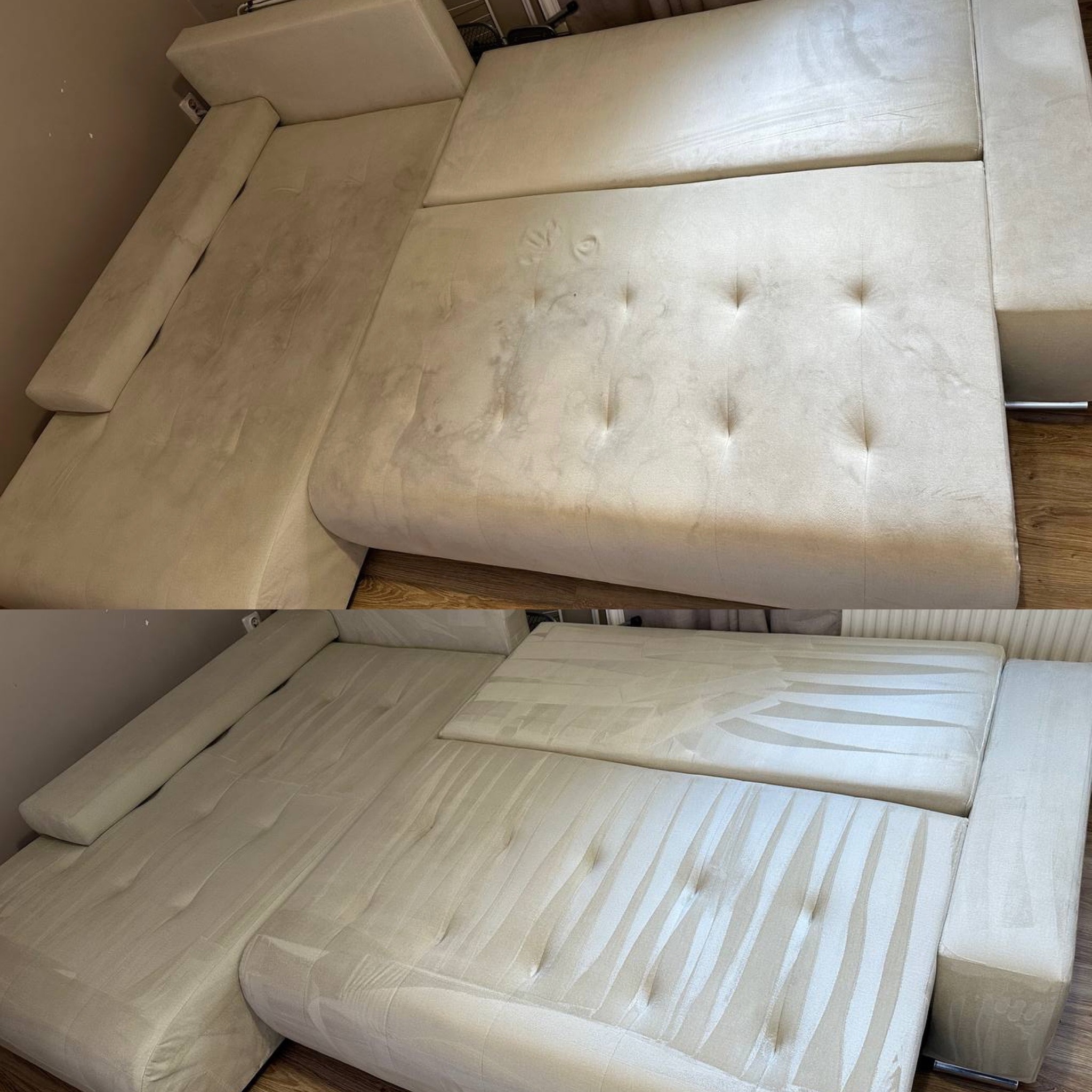 Zdjęcie przedstawia narożnik tapicerowany w odcieniach beżu, podzielone na dwie części: 'przed' z widocznymi plamami i 'po' z czystą, odświeżoną powierzchnią.