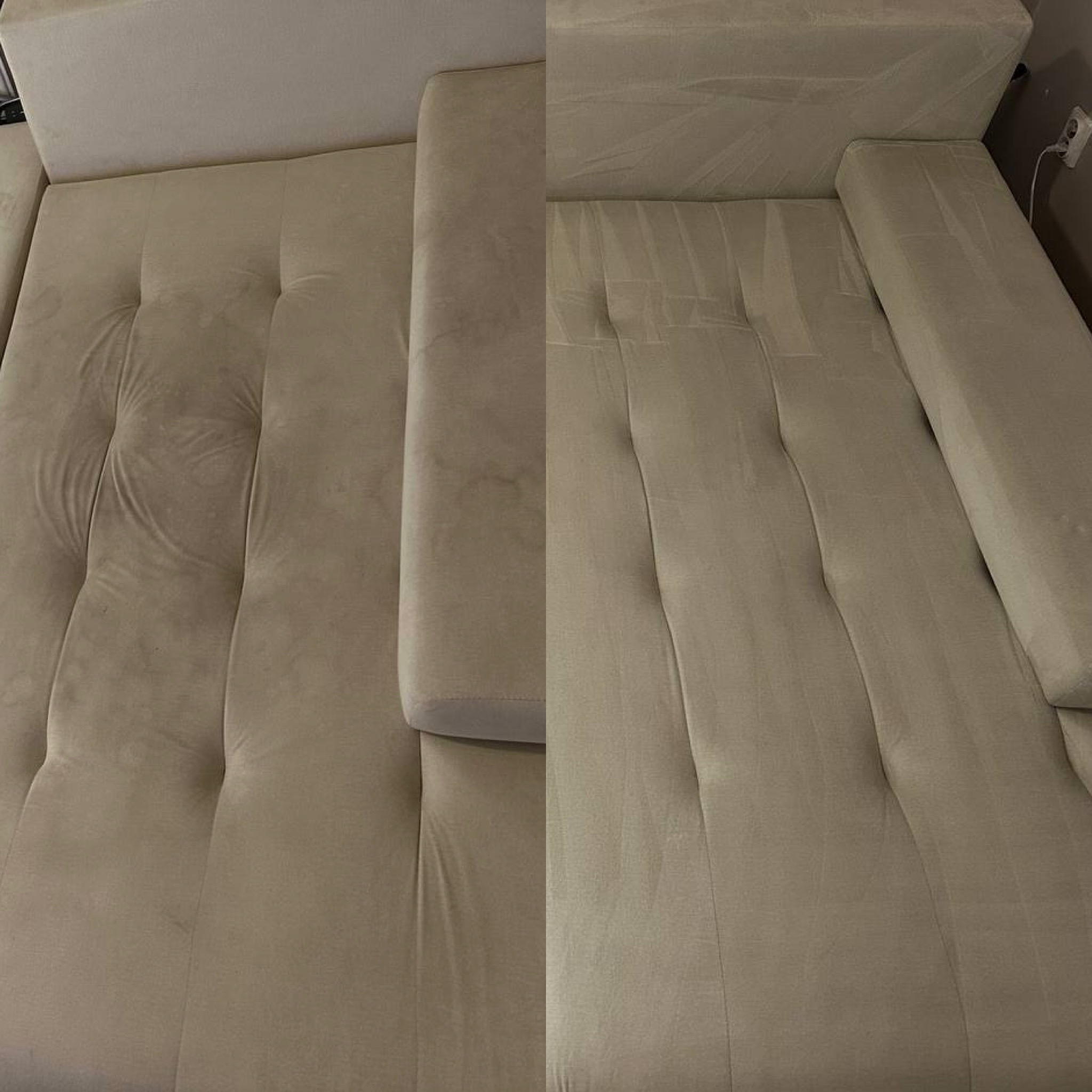 Tapicerowana kanapa w odcieniach beżu, widok z góry, podzielona na dwie części: przed i po czyszczeniu, ukazująca różnicę w wyglądzie i czystości.