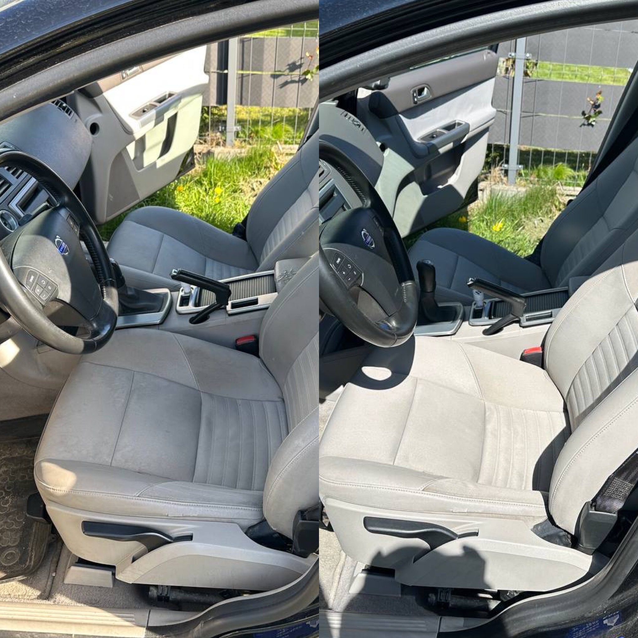 Fotografia wnętrza samochodu Volvo, prezentująca efekt czyszczenia tapicerki foteli. Lewa strona - przed, prawa - po. Widoczna różnica w odcieniu szarości.