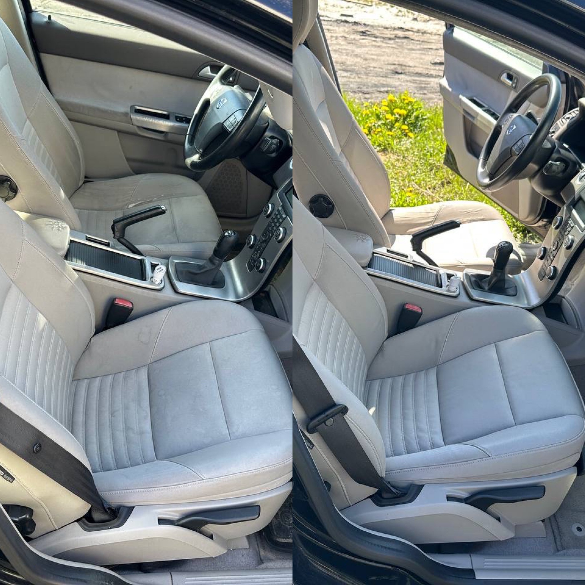 Tapicerka samochodowa przed i po czyszczeniu. Jasnoszara skóra, widoczne różnice w czystości, szczegóły wnętrza pojazdu.