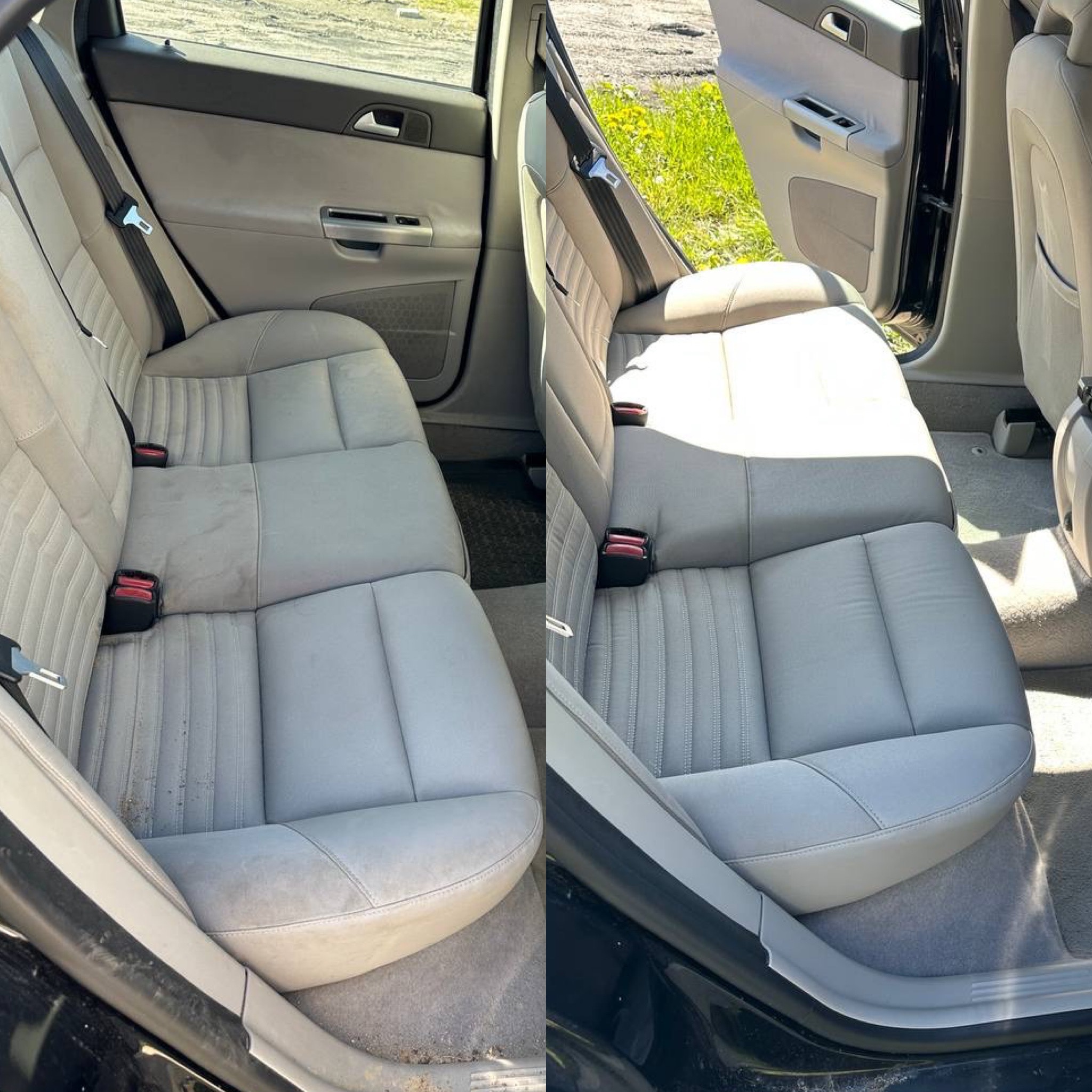 Fotel samochodowy, widok przed i po czyszczeniu. Po lewej stronie widoczne zabrudzenia, po prawej czysty, jasny materiał. Widoczne pasy bezpieczeństwa i fragment drzwi.