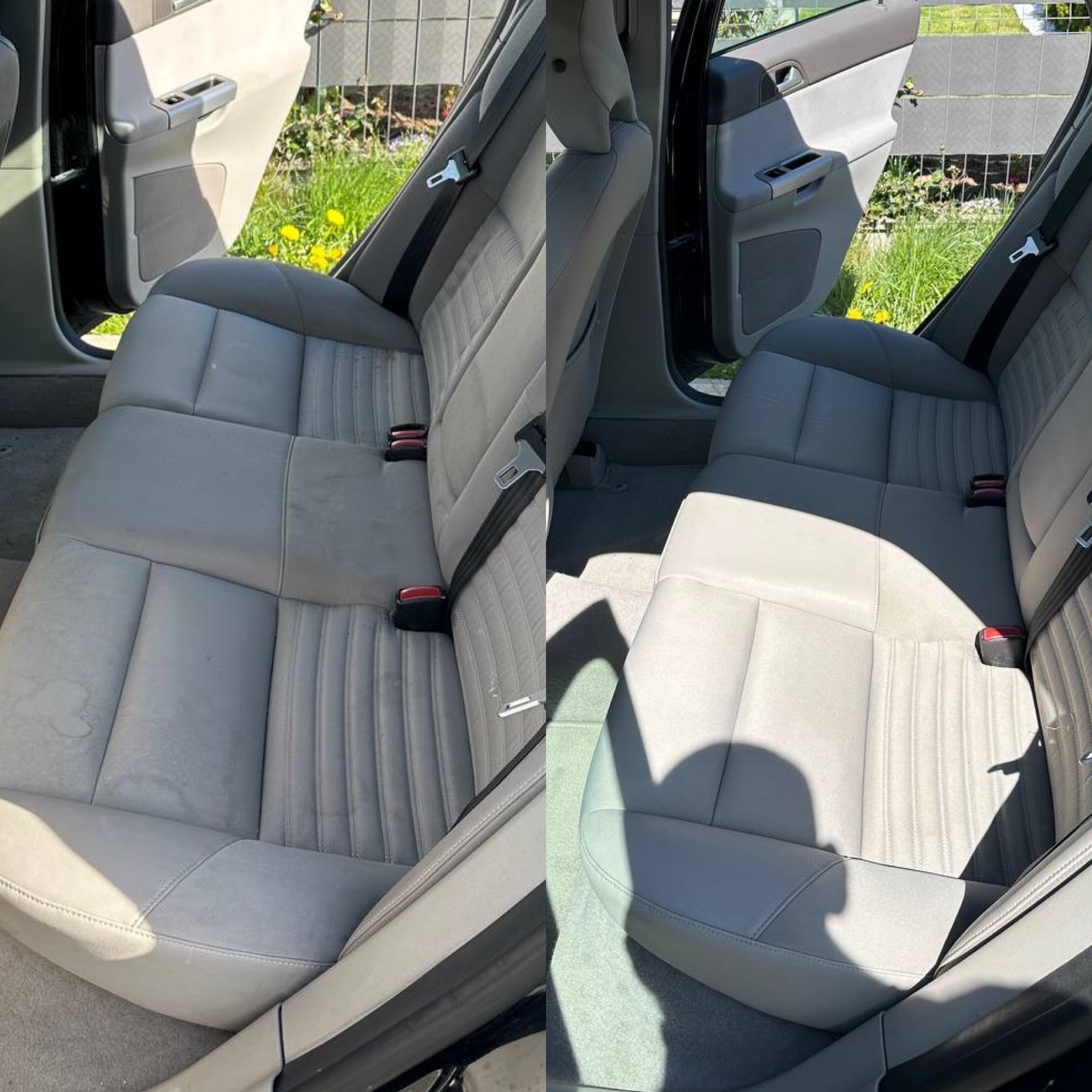 Auto detailing: Porównanie tylnej kanapy przed i po praniu. Po lewej widoczne plamy, po prawej czysta, szara tapicerka. Otwarta furtka auta i zieleń w tle.
