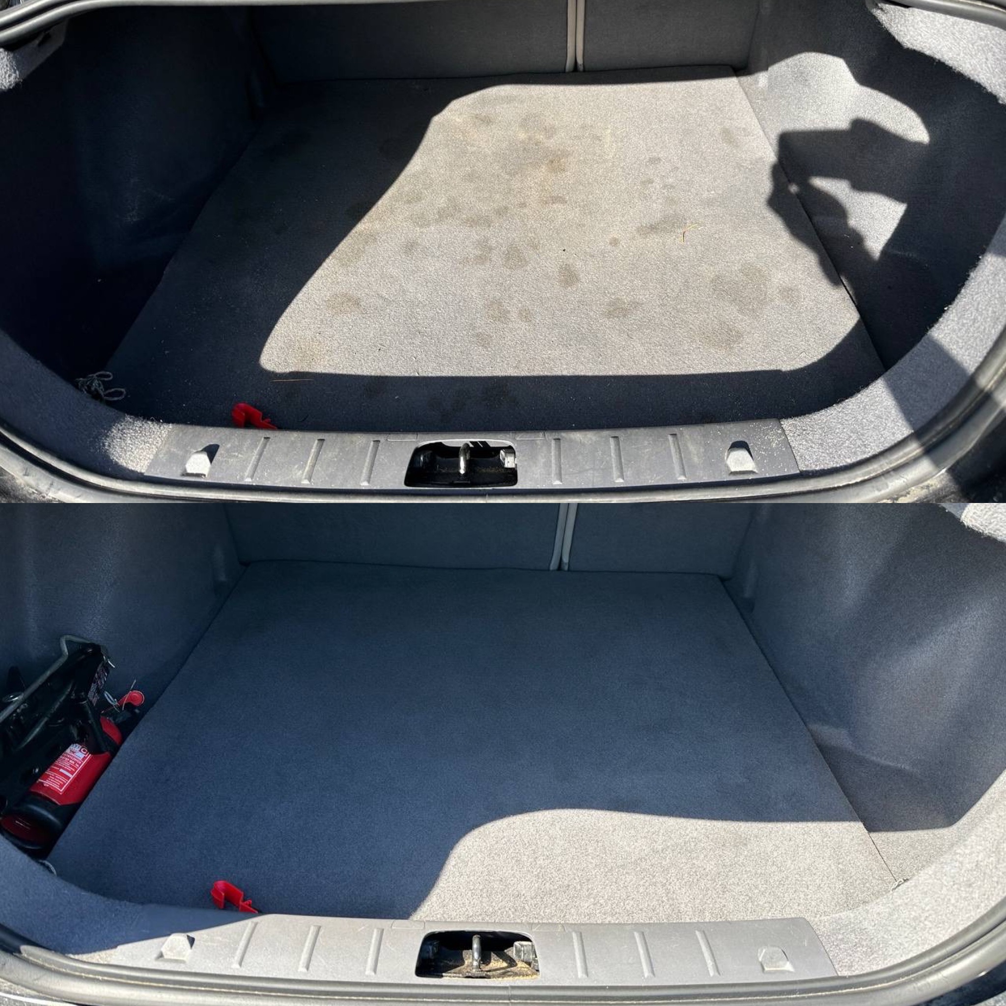 Zdjęcie 'przed i po' prania tapicerki bagażnika samochodowego. Na górze widoczny brudny dywanik, na dole czysty, szary dywanik po czyszczeniu, z gaśnicą z boku.