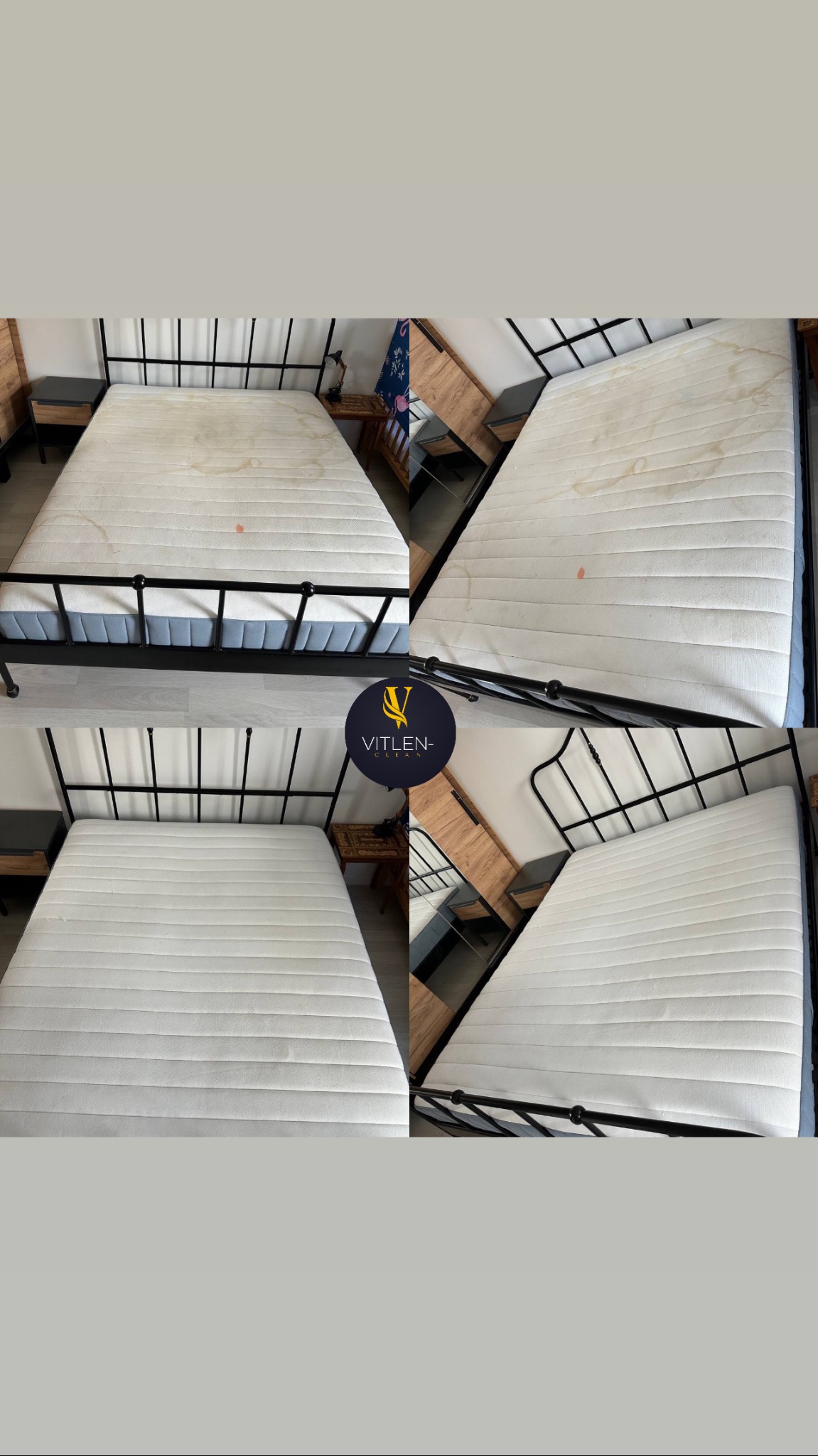 Kolaż: materac na czarnej ramie łóżka przed i po czyszczeniu, z widocznymi plamami przed i czystą powierzchnią po zabiegu. Ujęcie z góry.