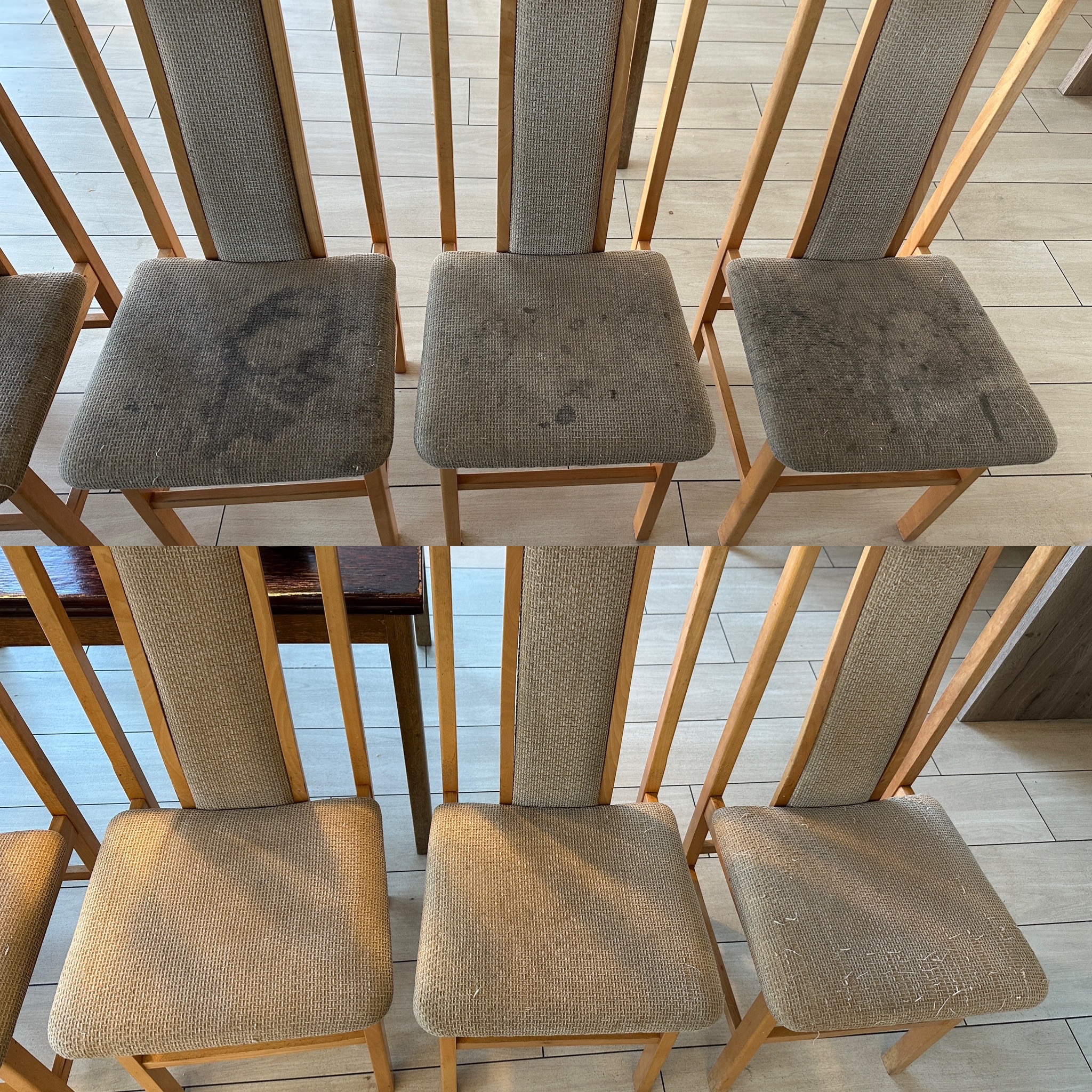 Krzesła z tapicerką: widok z góry 'przed i po' czyszczeniu. Brudne siedziska w górnej części, czyste w dolnej. Jasne drewno, płytki podłogowe.