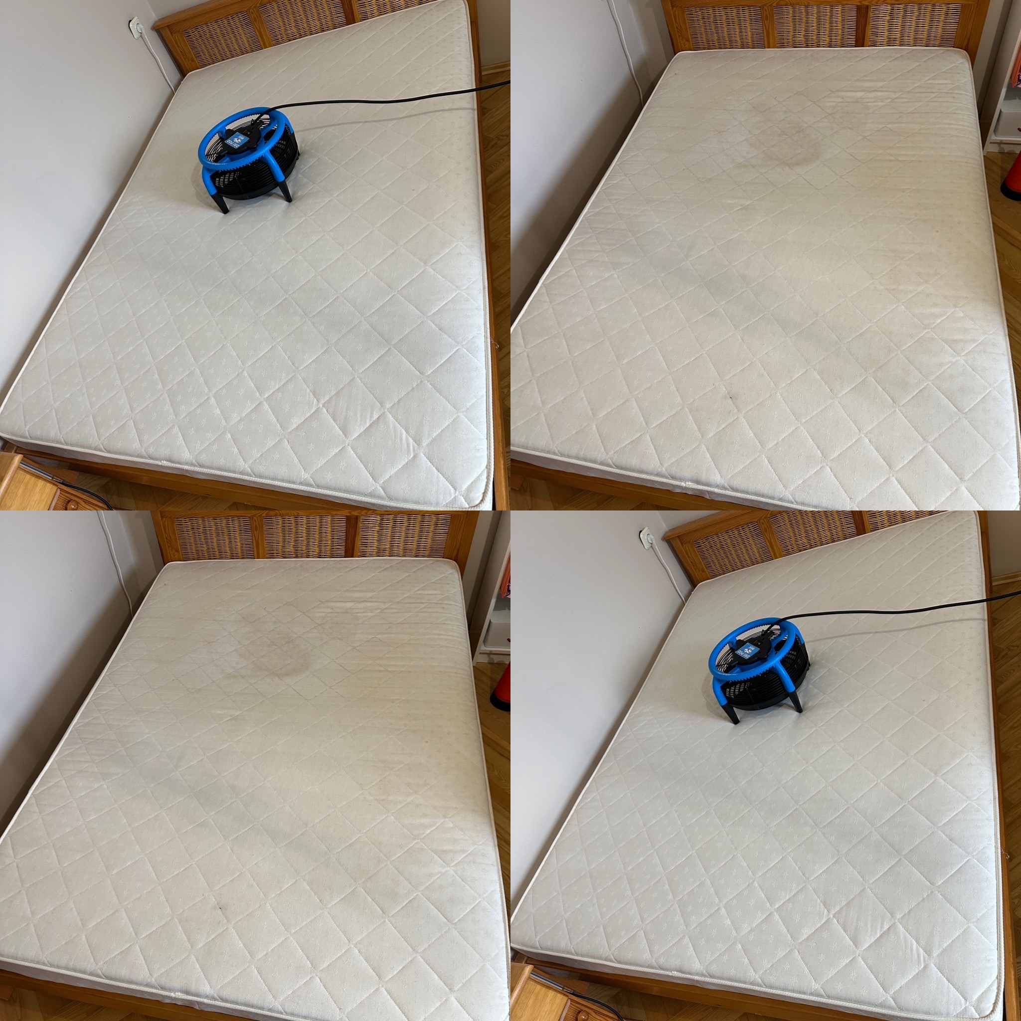 Kolaż: materac na drewnianej ramie łóżka, w różnych stanach czystości. Na jednym fragmencie wentylator wspomagający suszenie. Widok z góry, prezentacja efektu czyszczenia.