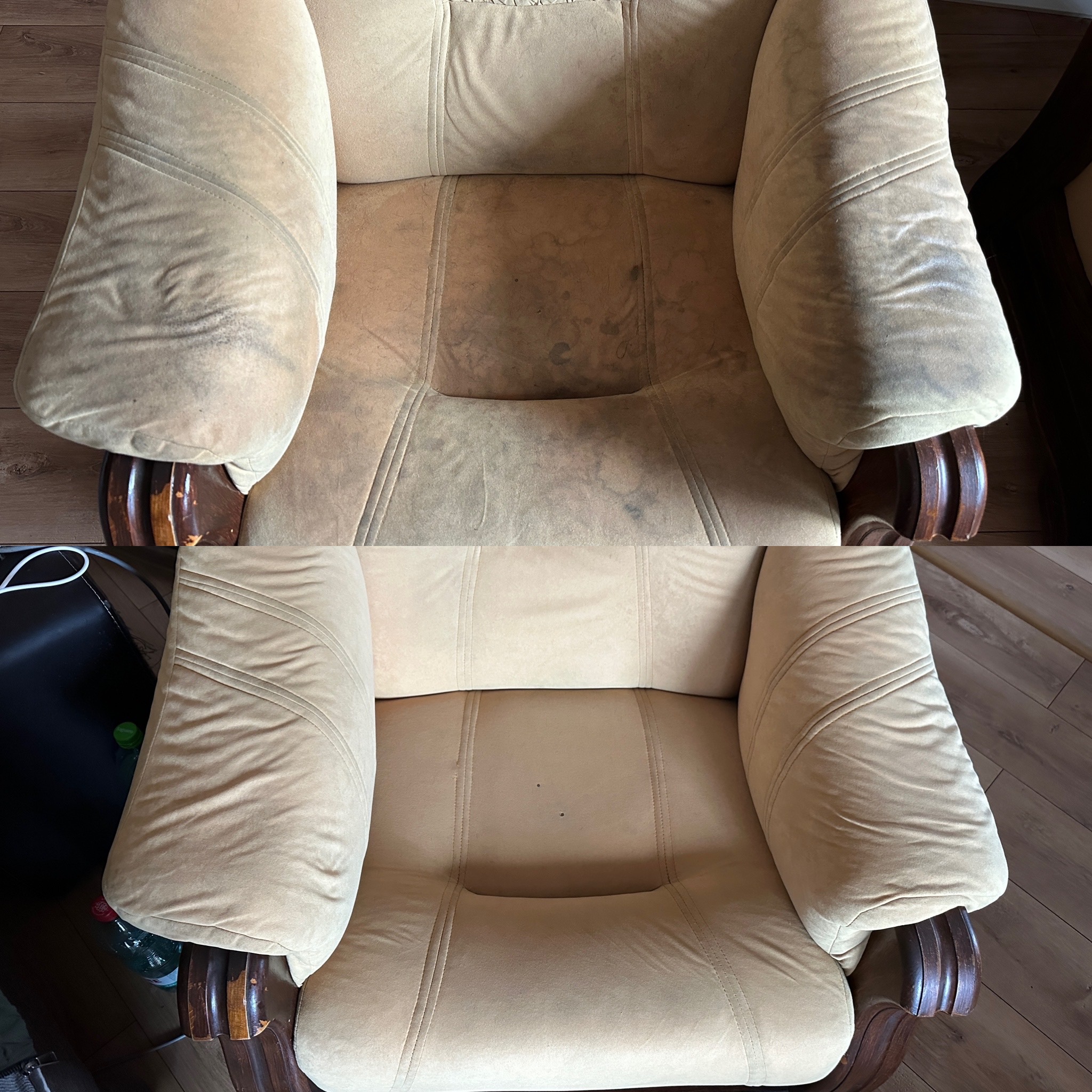 Kadr z góry na fotel tapicerowany w beżowym odcieniu, prezentujący efekt przed i po czyszczeniu. Widoczne różnice w kolorze i usunięciu zabrudzeń na tkaninie.