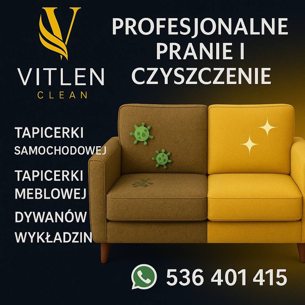 Grafika: Kanapa przed i po czyszczeniu. Lewa strona z zielonymi wirusami, prawa czysta i błyszcząca. Logo firmy Vitlen Clean i numer telefonu na ciemnym tle.