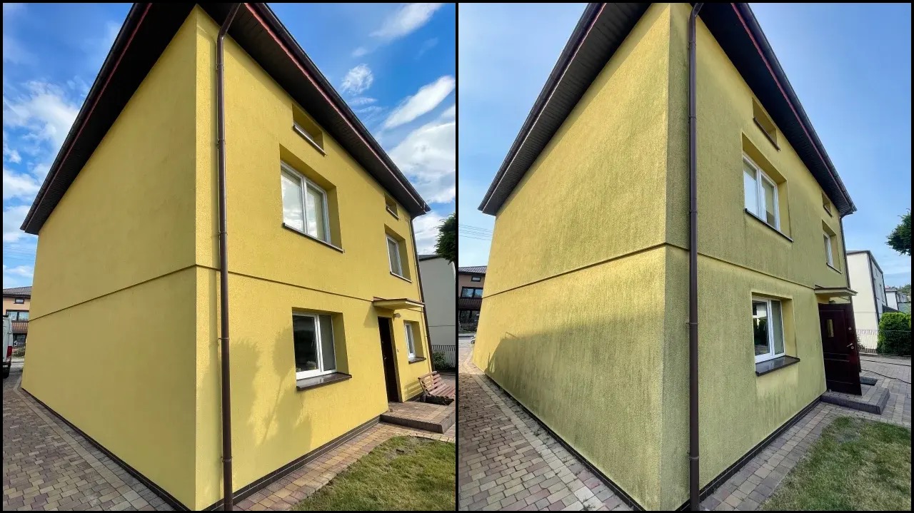 Żółta elewacja dwukondygnacyjnego domu po czyszczeniu, widok z dwóch perspektyw. Czysta fasada, kostka brukowa i fragment trawnika.