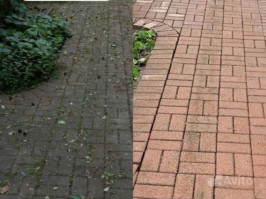 Kostka brukowa przed i po czyszczeniu, widoczne różnice w kolorze i usunięte zabrudzenia, zieleń w tle. Efekt czyszczenia kostki brukowej.