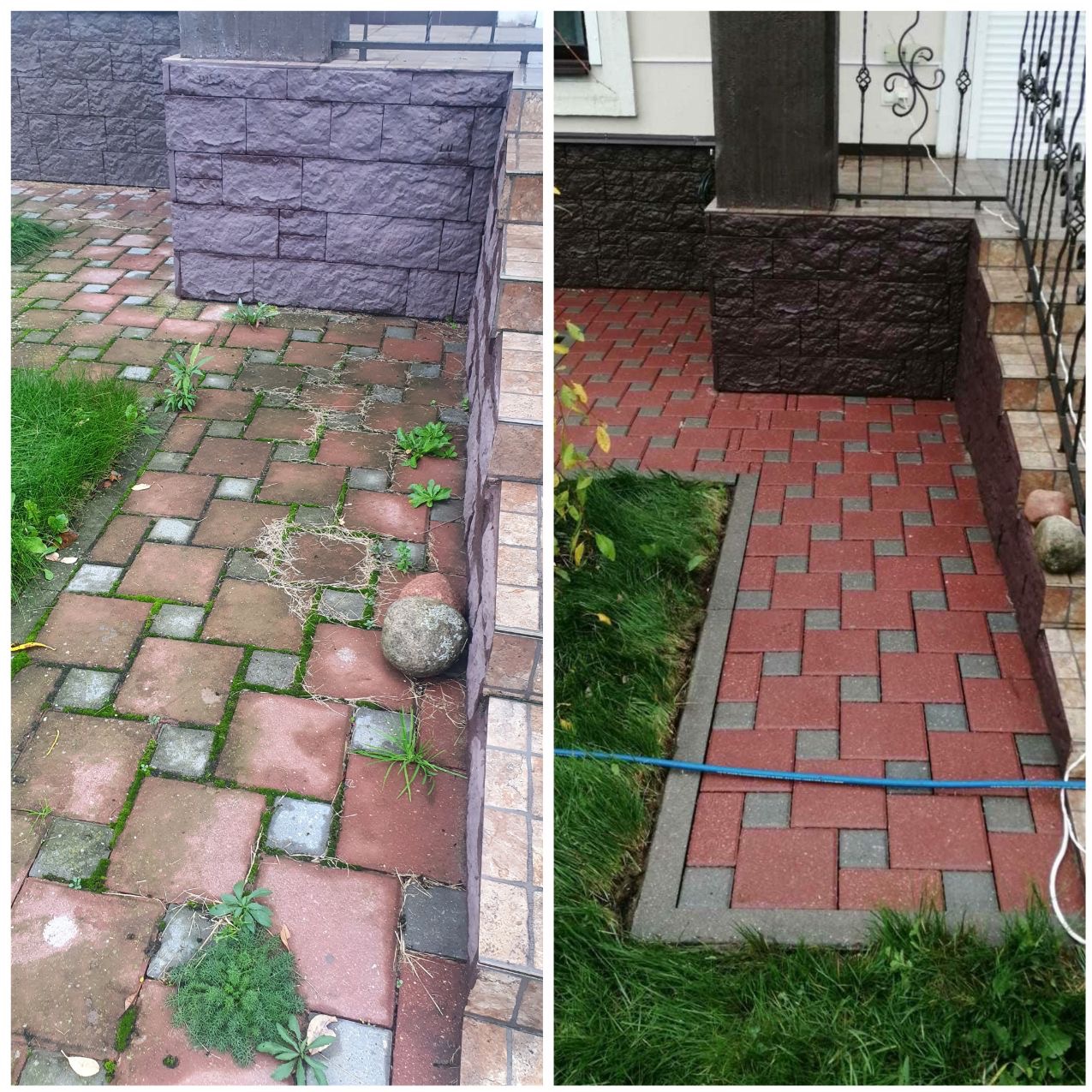 Kostka brukowa przed i po czyszczeniu: po lewej zaniedbana, z mchem i brudem, po prawej świeżo umyta, z intensywnym kolorem i widoczną strukturą.