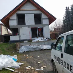 Budowa domu jednorodzinnego w stanie surowym otwartym, widoczny montaż okna przez pracownika na drabinie, na pierwszym planie biały bus z napisem 'OKNO FLOREK'.