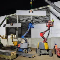 Montaż płyt warstwowych na hali przemysłowej przy użyciu dźwigów i podnośników koszowych, widoczne płyty czekające na montaż.