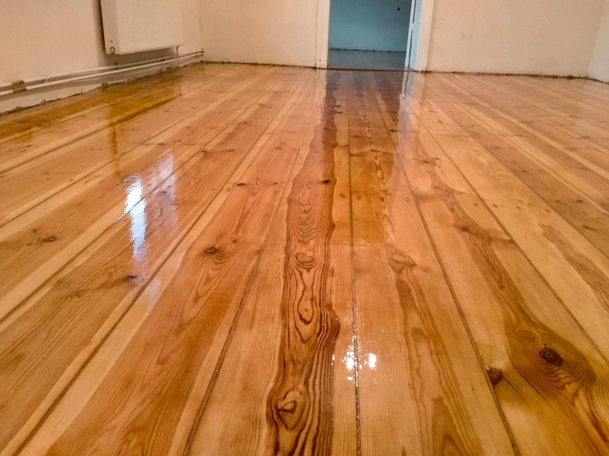 Świeżo polakierowana, błyszcząca podłoga z jasnego drewna, ukazująca wyraźny rysunek słojów i refleksy światła, widoczne ślady po lakierowaniu wzdłuż desek.