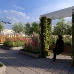 Wizualizacja ogrodu z huśtawką obrośniętą bluszczem, ozdobne trawy w rabatach, ścieżka z kostki, w tle zaparkowany samochód i stado ptaków na niebie.