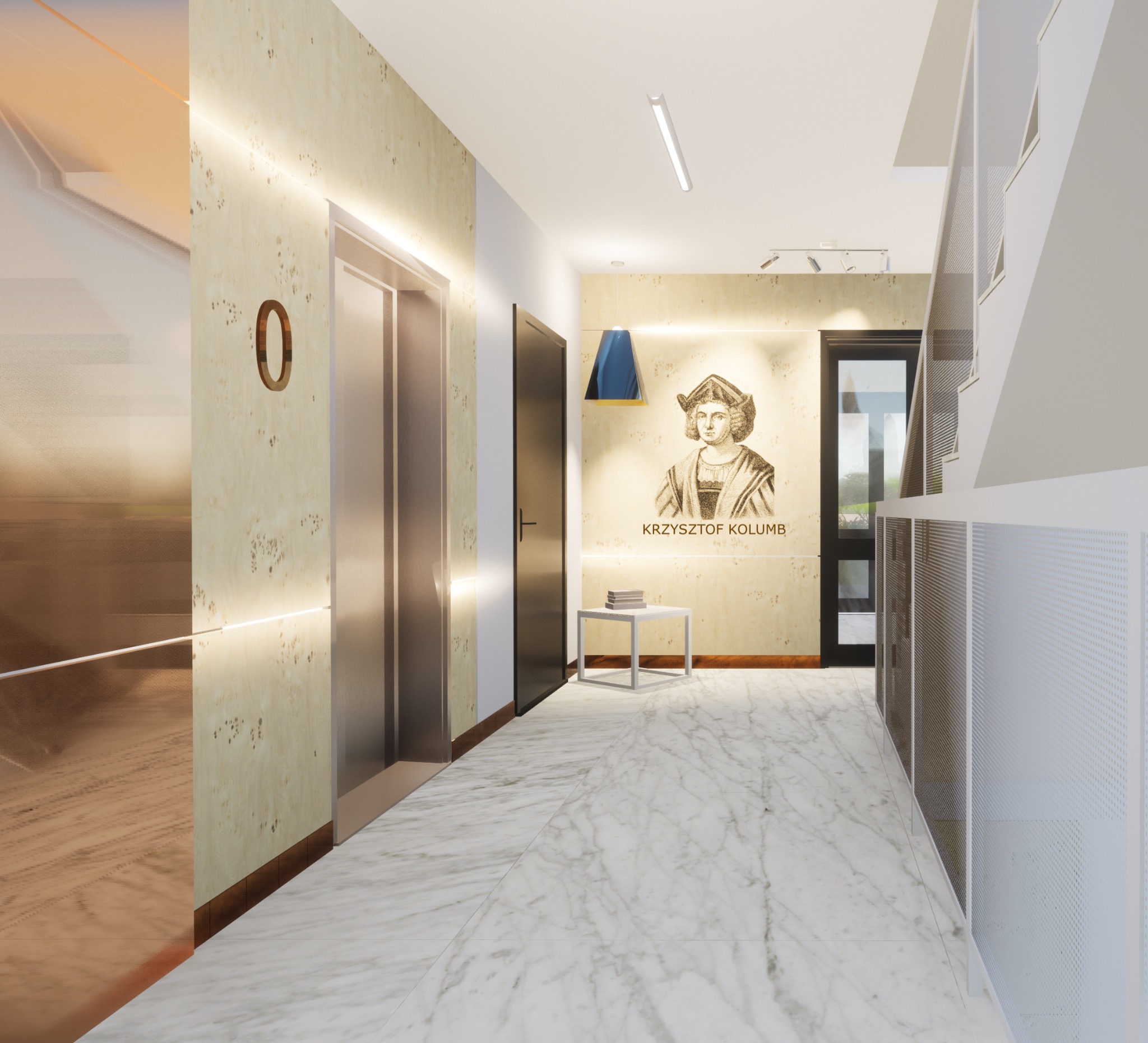 Wizualizacja korytarza z marmurową podłogą, windą z numerem 0, portretem Krzysztofa Kolumba na ścianie i nowoczesnym oświetleniem.