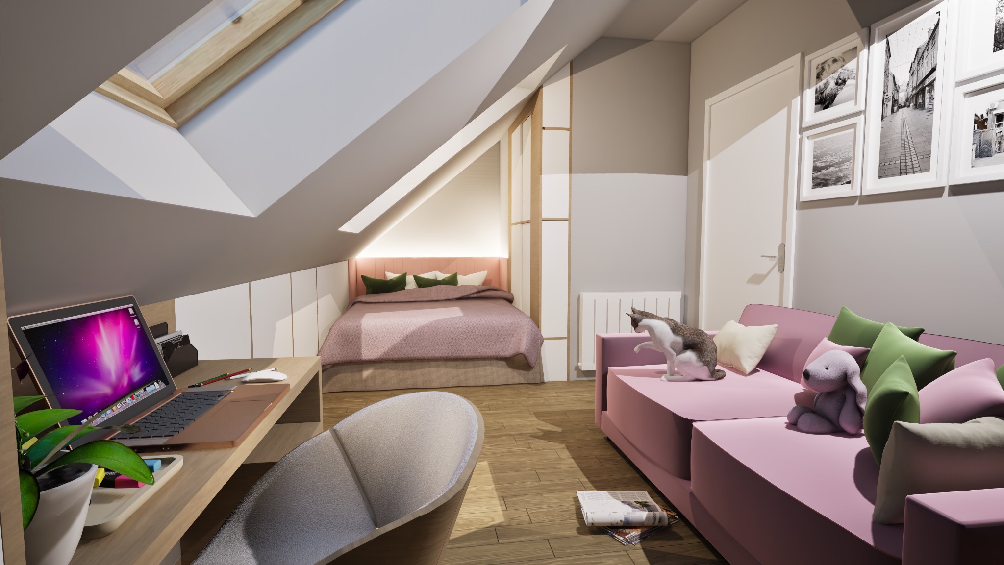 Sypialnia na poddaszu z biurkiem, laptopem, różową sofą z poduszkami, kotem, łóżkiem z różową narzutą i oknem dachowym.