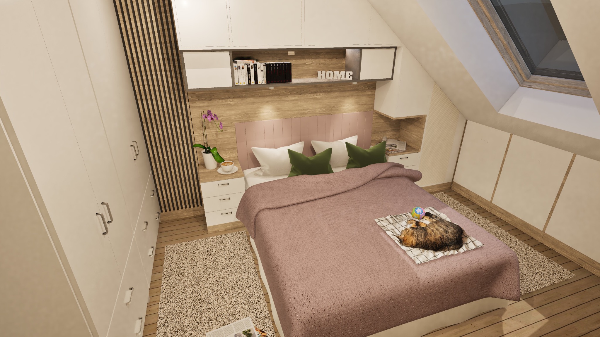Nowoczesna sypialnia na poddaszu z łóżkiem w odcieniach pudrowego różu, białymi szafkami i drewnianymi akcentami, gdzie na łóżku śpi kot.