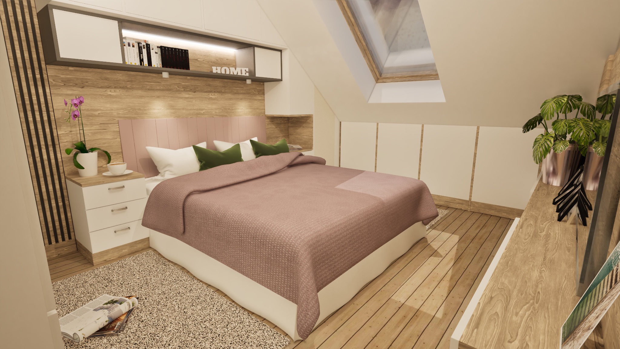 Wizualizacja sypialni na poddaszu z łóżkiem z pudrowo-różowym zagłówkiem, drewnianą boazerią, oknem dachowym i jasną podłogą.