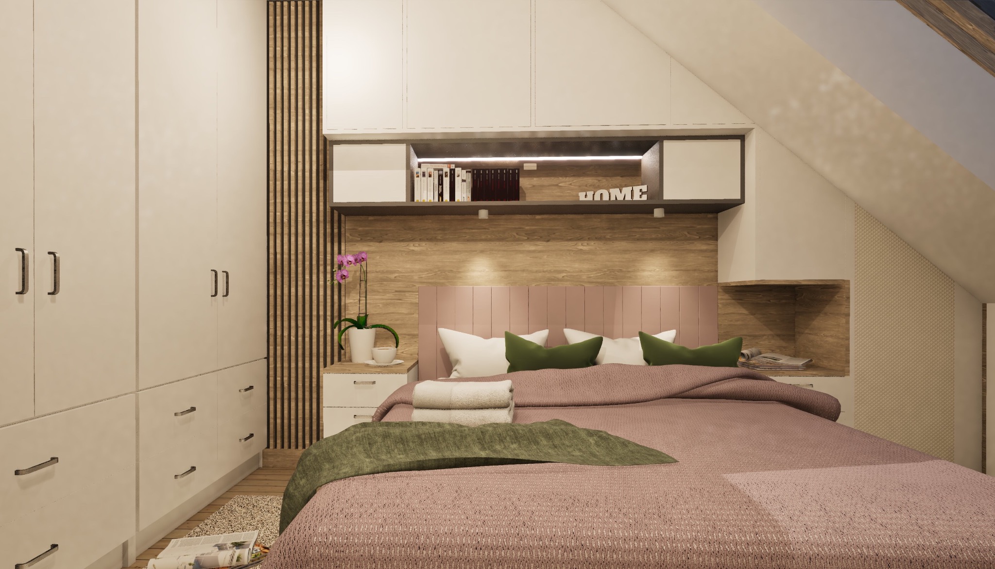 Jasna sypialnia na poddaszu z dużym łóżkiem, szafą w zabudowie i drewnianymi akcentami, storczykiem na szafce nocnej i dekoracyjnym napisem HOME na półce.