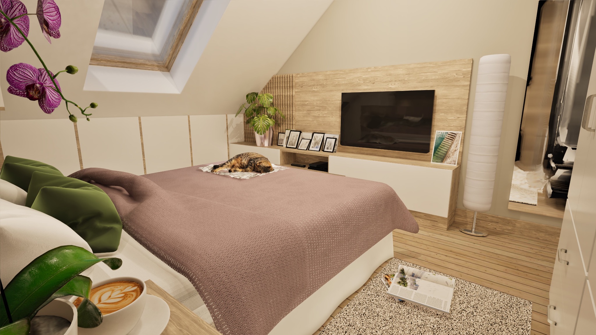 Jasna sypialnia na poddaszu z oknem dachowym, łóżkiem z różową narzutą i śpiącym kotem, telewizorem na ścianie z drewnianym panelem, storczykiem i kawą na stoliku nocnym.